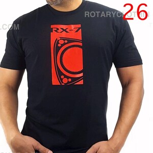 May include: Black t-shirt featuring a red graphic of a rotary engine and the text "RX-7".