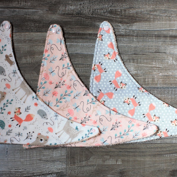 Adorable Woodland themed Bandana bib 3 Pack, Girl Bib Set, Baby Accessories