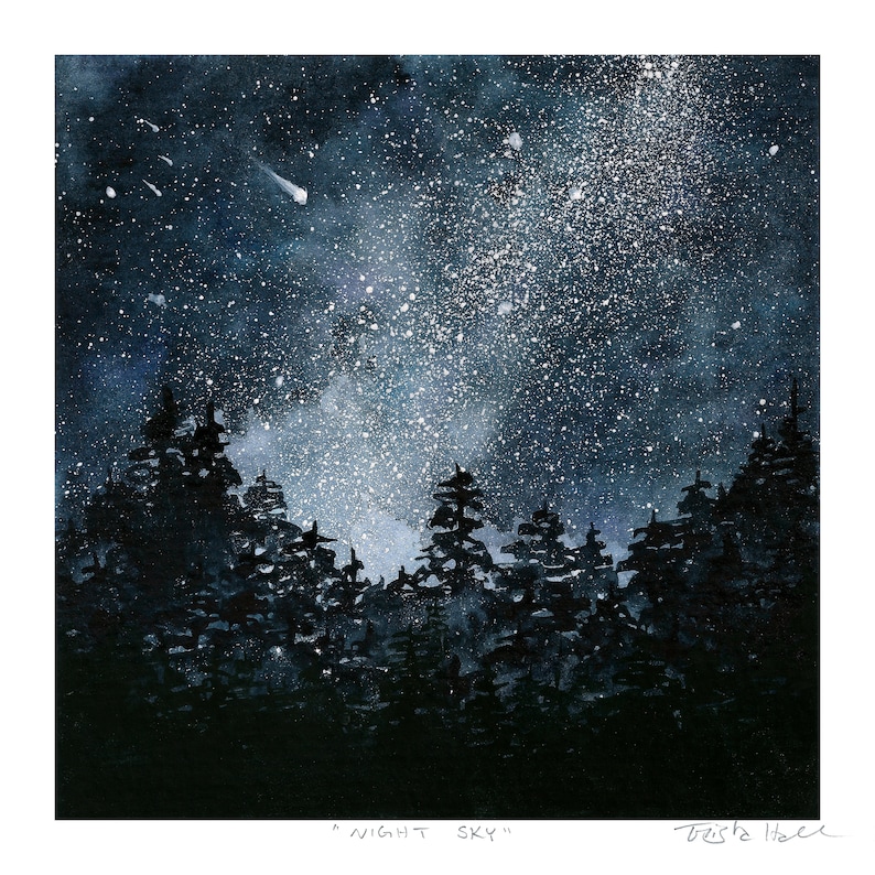 Night Sky / Giclee Print / Watercolor Painting / Galaxy / Forest / 5x5 ...