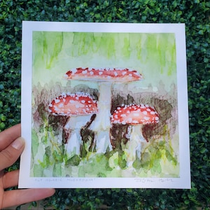 Art Print Mushroom on a log 8x8 Matte Art Print - cute Kawaii red mushroom  cottage core wall art