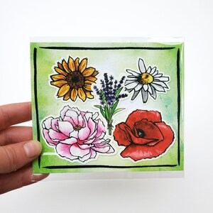 Pack d’autocollants en vinyle fleur | Finition mate | 5 autocollants | Pivoine, Tournesol, Coquelicot, Marguerite, Lavande