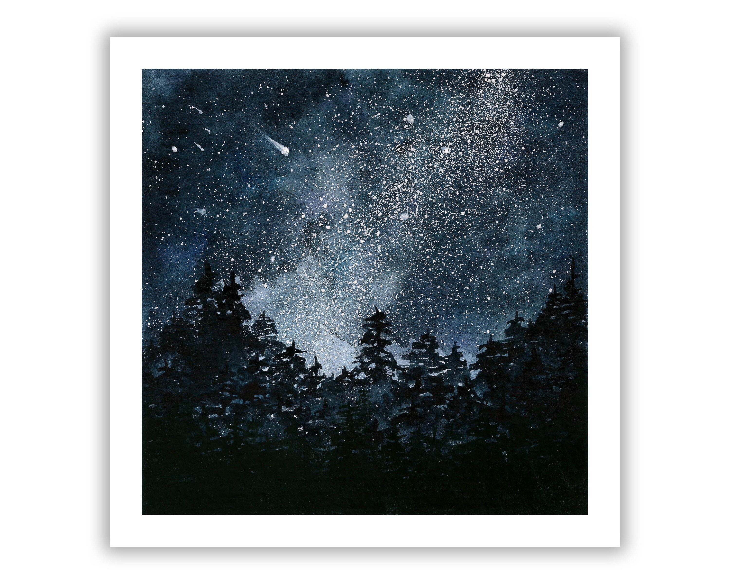 Night Sky / Giclee Print / Watercolor Painting / Galaxy / Forest / 5x5 ...