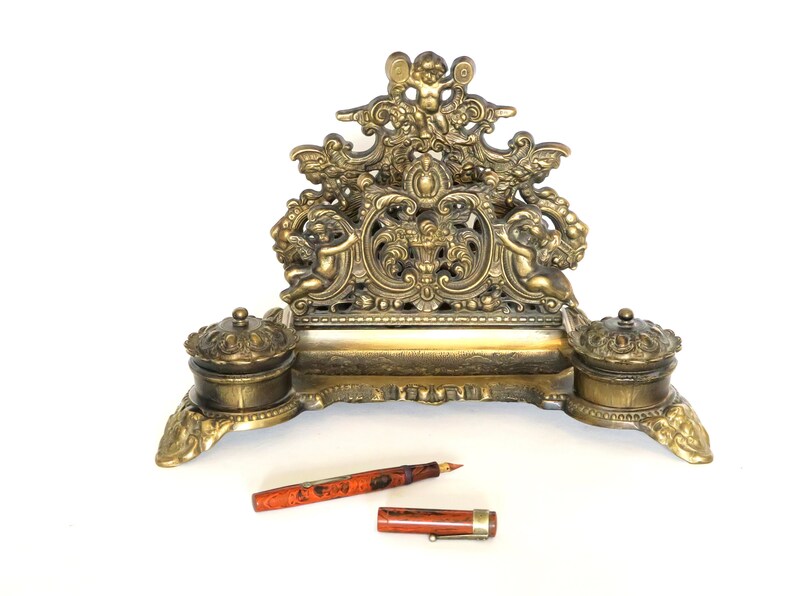 French Vintage Brass Inkwell Gilded Inkwell Desk Organizer Etsy