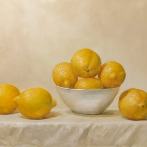 Original fine art painting, Lemons, oil on panel.