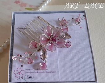 Cherry Blossom bridal hair comb, Sakura wedding hair comb, crystal flower hair piece, pink flower, veil comb