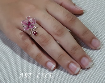 Adjustable Sakura Finger-ring, Cherry blossom finger ring Pink flower wire wrapped ring, handmade wire-resin ring in cute red rose gift box