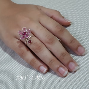 Spring gift for girlfriend Adjustable Sakura Finger-ring, Cherry blossom ring in a red rose gift box, Pink flower wire wrapped ring handmade
