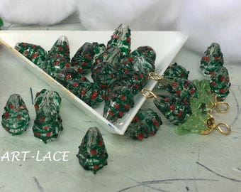 Christmas tree beads for Jewelry making, Xmas beads hand-Painted, red-green Cone shaped, unique Glass beads for DIY Christmas jewelry