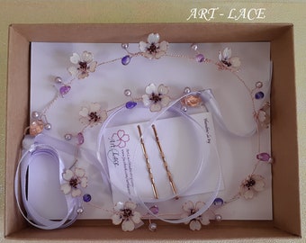 Enredadera de novia de oro rosa, tocado de flor de sakura lavanda, enredadera de flor de cerezo, envoltura para el cabello, guirnalda para el cabello