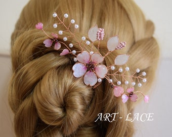 Peineta nupcial con flor de cerezo, peineta de oro rosa, tocado de Sakura rosa, peineta de velo de novia con flor ruborizada, accesorios para el cabello de kimono japonés