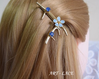 Forget Me Not Alligator hair clip, Tree branched hair pin silver/gold, blue flower pin, blue crystal hair grip, decorative clip for girls