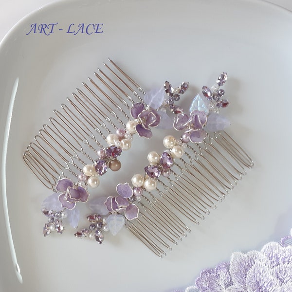 Bridal lavender hair comb, bridal Rose flower hair comb, Veil comb Violet crystal hair jewelry Lavender hair piece, Purple wedding hair comb