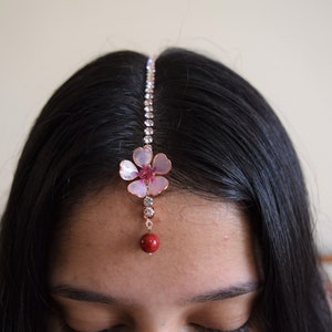 Rose gold Cherry Blossom Forehead tikka, Bridal forehead jewelry, Rhinestone head chain, Sakura bridal tikka, wedding front head jewelry