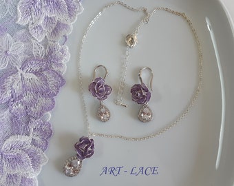 Lavender necklace set, rose flower-zircon earring, rose flower pendant necklace, purple wedding earring, violet bridesmaid gift necklace set