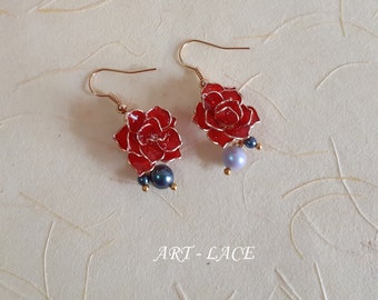 Red Rose earring, red flower teal earring, gift for mother, wire resin flower handmade rose earring pearl earring dangle