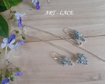 Forget-Me-Not pendant chain sterling silver, Forget-Me-Not earring 925, Bridal Minimalist, Light blue flower cluster earring necklace set