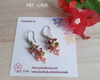 Bougainvillea earring, red peach flower cluster earring, Autumn earrings, bridal earring, handmade earrings, flower chandelier earrings