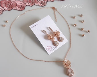 Rose Gold earring necklace set zirconia, Bridal minimalist jewelry, Rose flower earring dangle, rose flower zircon pendant chain Bridesmaid