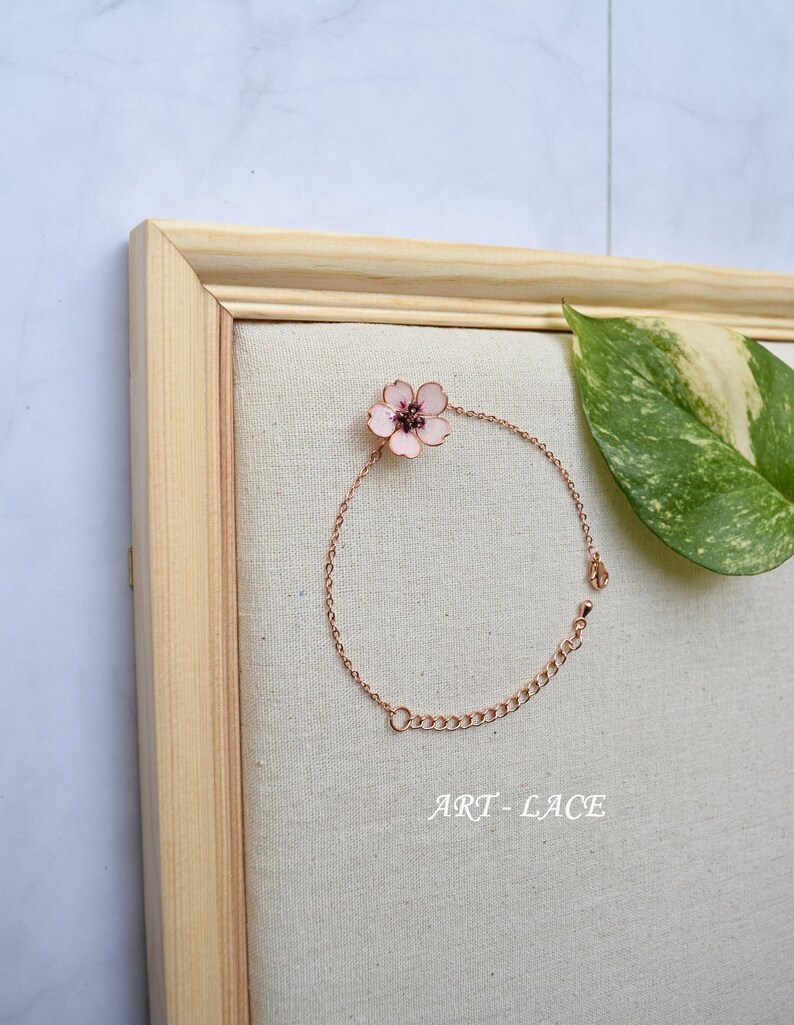 Rose gold Sakura bracelet, gift for women, Japanese cherry blossom crystal chain bracelet, pink bracelet, handmade jewellery image 3