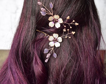 Lavender bridal hair piece, violet Sakura hairpins Rose gold hair accessories, Cherry Blossom hair clips, Japanese bridal hairclip Kanzashi