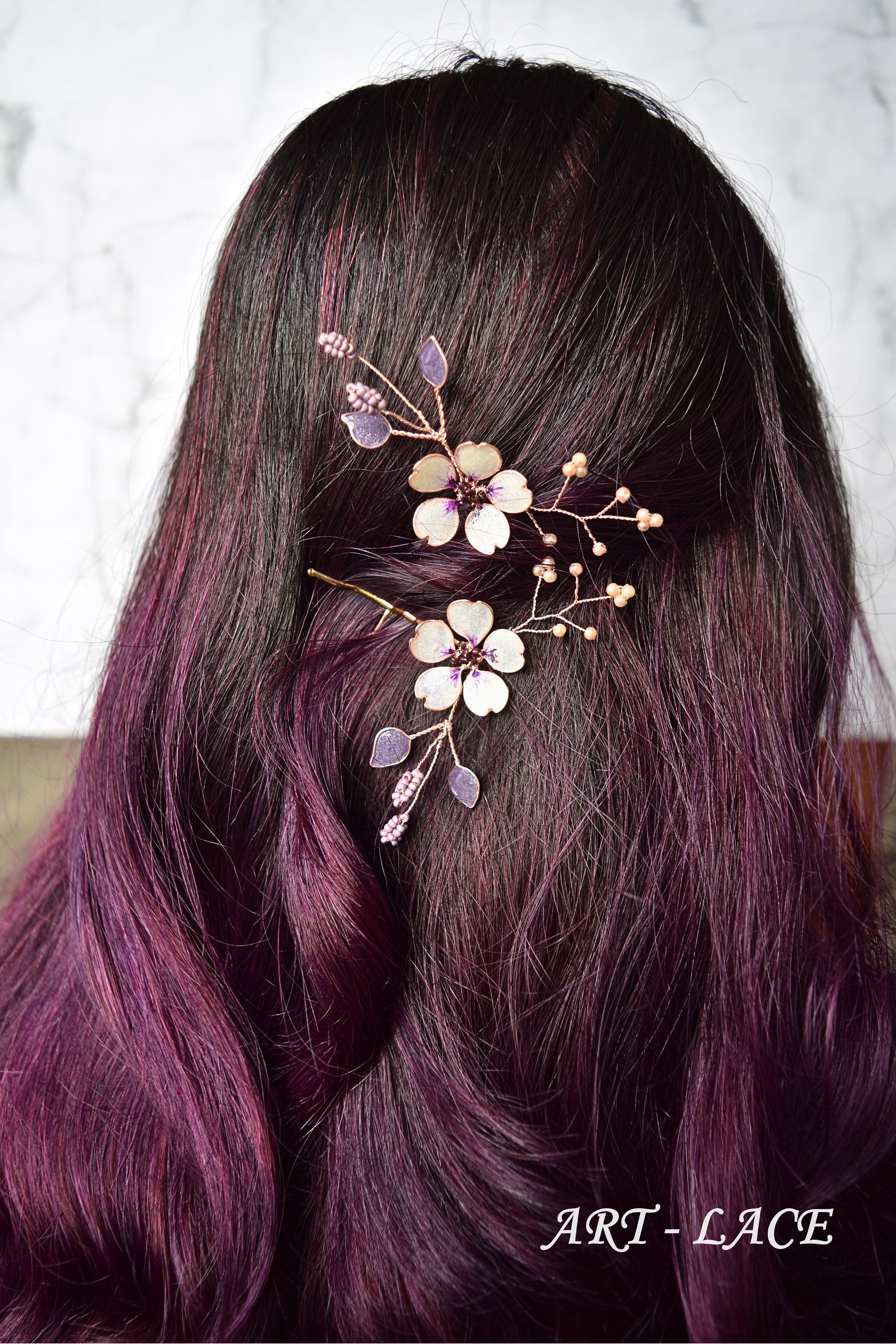 Lavender Bridal Hair Piece, Violet Sakura Hairpins Rose Gold Hair