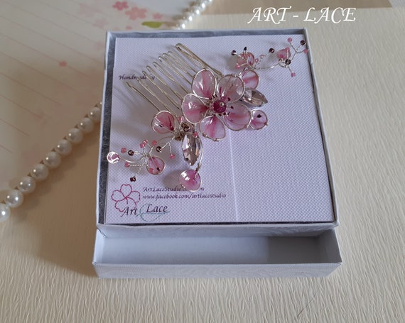 Cherry Blossom bridal hair comb, Sakura wedding hair comb, crystal flower hair piece, pink flower, veil comb
