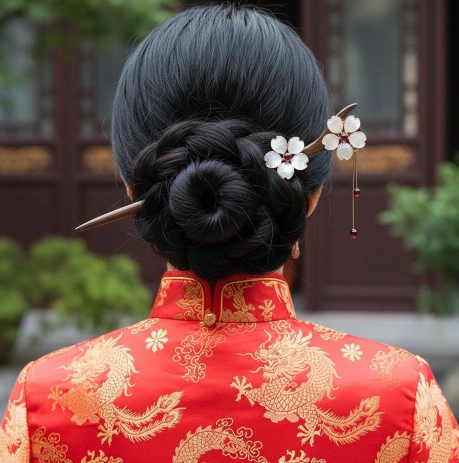Cherry Blossom Hair stick, wooden, dangling genuine garnet, Sakura bun…