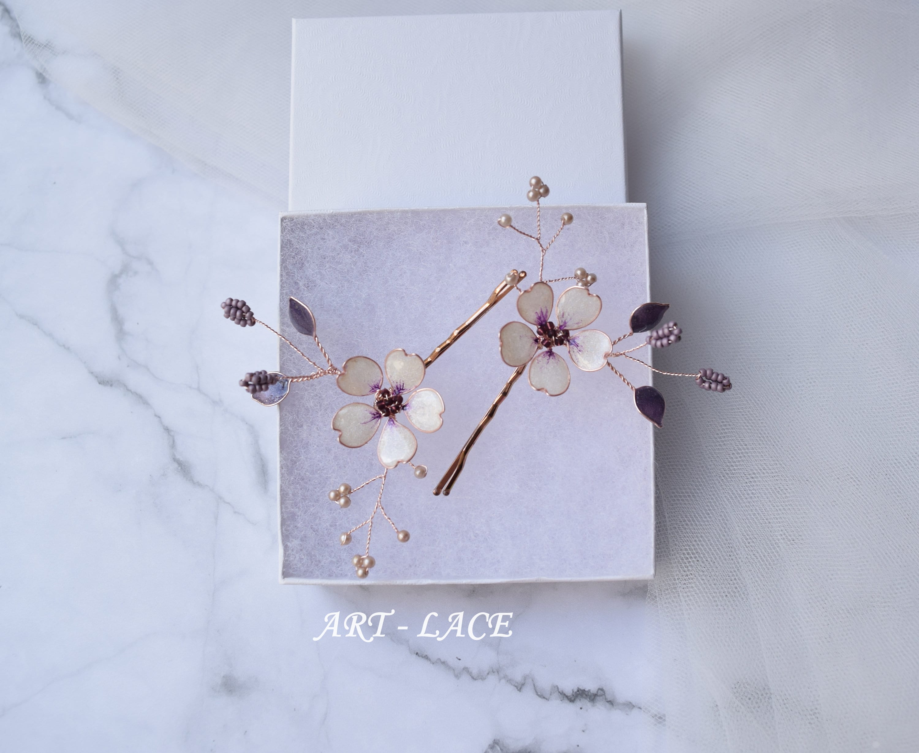 Lavender Sakura Hairpins, Rose Gold Bridal Hair Clip, Resin