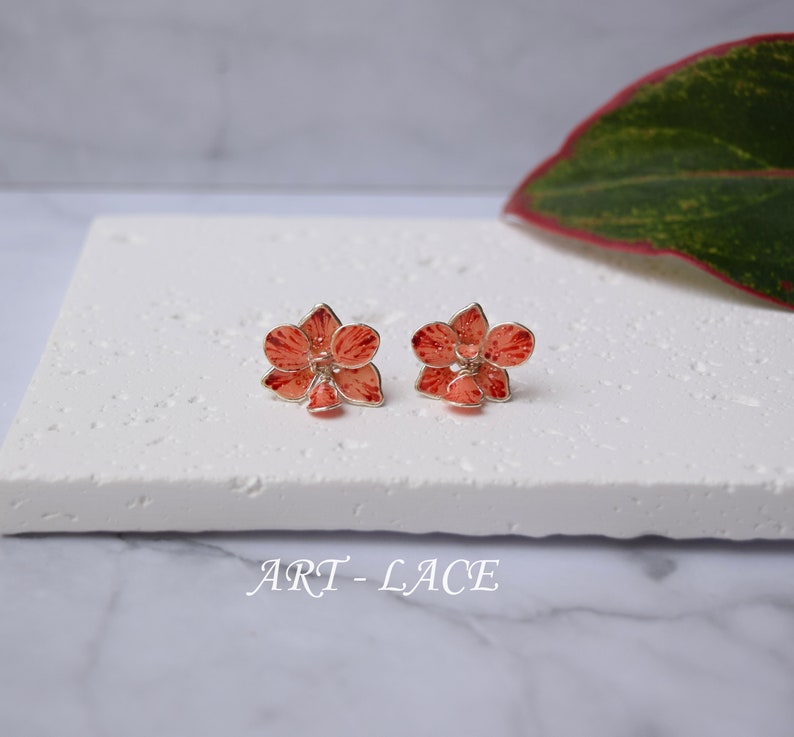 Orchid earring, Teal-Blue Orchid stud earring, Peach Orchid stud tiny, handmade earrings, hand-painted Hawaiian studs, Flower girl earrings image 6