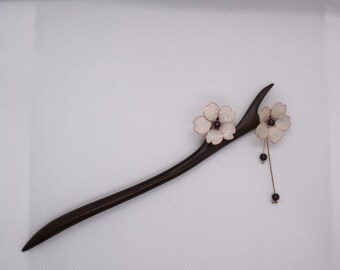 Cherry Blossom Hair Stick, Wooden, Dangling Genuine Garnet, Sakura