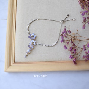 Lavender bracelet, bridal purple flower bracelet, Christmas gift for women, rhinestone chain adjustable slider, Prom jewellery