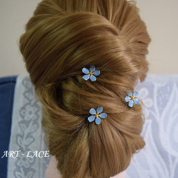 Something blue Forget me not hair fork, Forget me not hair pins silver, light blue bobby pin, blue wedding bridal hair accessory, hairpiece