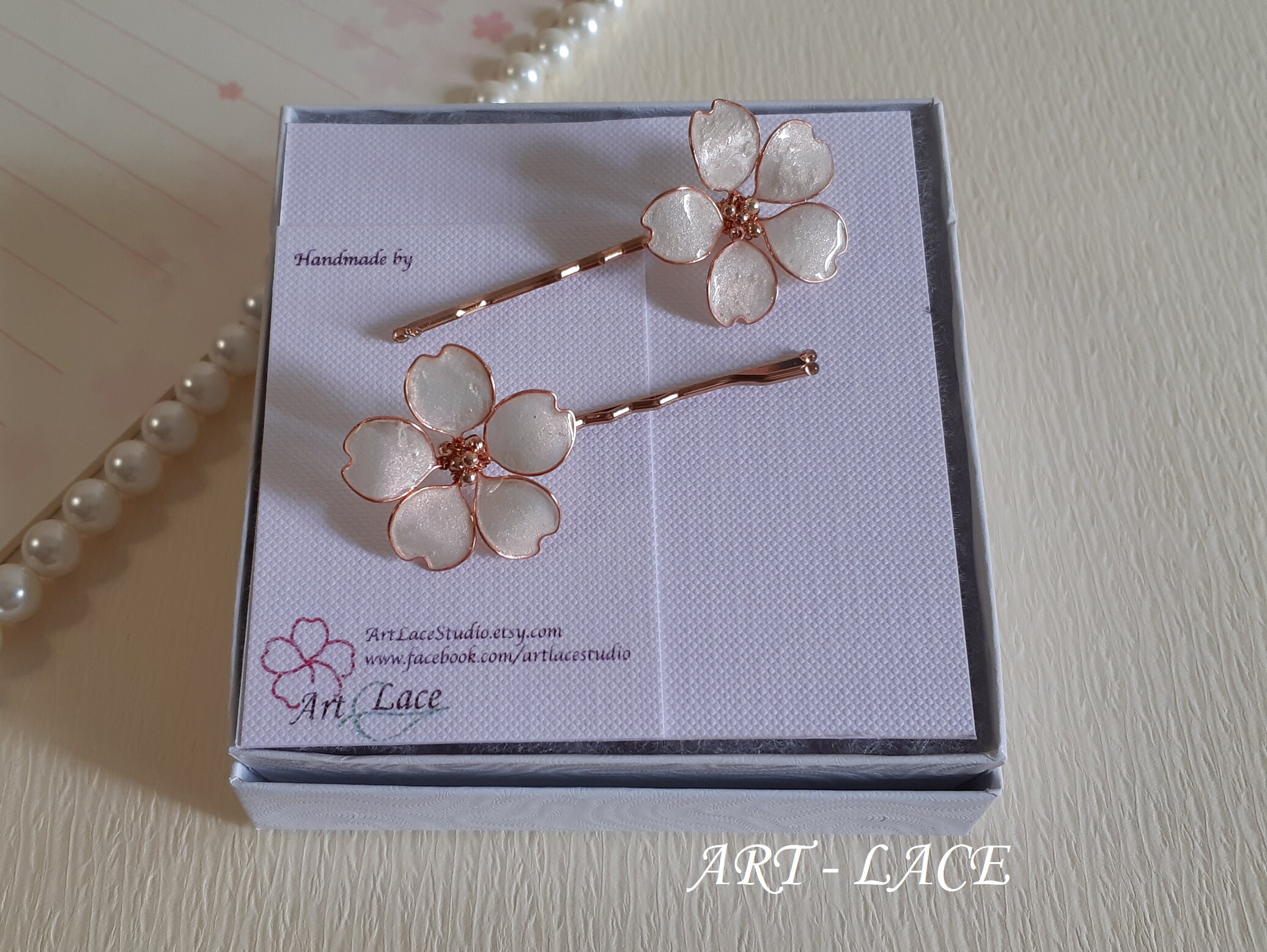 Rose Gold Cherry Blossom Hair Fork, Pearl White Sakura  display picture 1