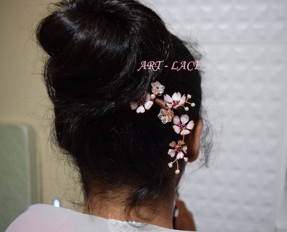 Sakura Hair Stick Wooden Hair Stick Bun Rose Gold Cherry Etsy