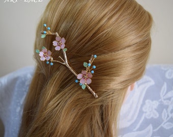Sakura hairpin, Cherry Blossom hair clip, branched hairpin, Twig hair pin gold, Turquoise Pink flower hair piece, Bride's Mother hair unique