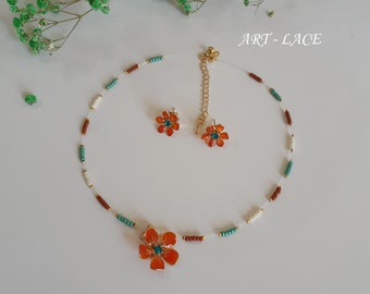 Ensemble de boucles d'oreilles et collier fleur orange vert, tour de cou minimaliste invisible coloré, automne, automne,
