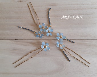 Forget-me-not hairpiece, Bridal blue hair fork, light blue hair flowers with dangling rhinestone chain, blue hair accessories