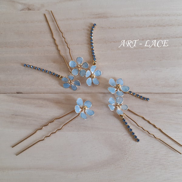 Forget-me-not hairpiece, Bridal blue hair fork, light blue hair flowers with dangling rhinestone chain, blue hair accessories