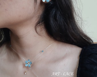 Forget-Me-Not necklace earring set, Forget-Me-Not stud earring Blue flower necklace bridesmaid jewelry invisible necklace