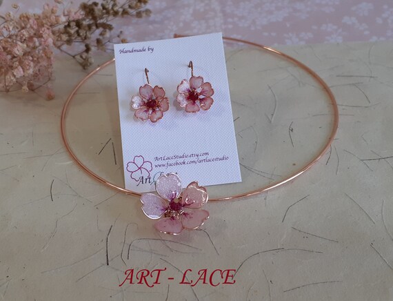 Cream Jewelry Sakura Earrings Cherry Blossom Necklace Custom Set Choose Your Color Faux Leather Necklace Faux Leather Earring Junk Jewelry
