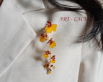 Artisan Orchid Brooch pin, yellow red flower Brooch, statement brooch, branched, Men's boutonniere, groom's lapel pins, handmade, wire resin