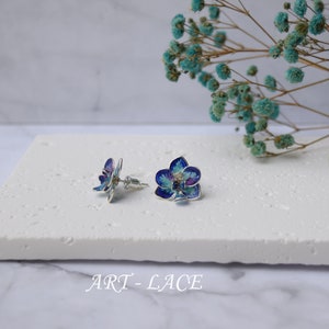 Orchid earring, Teal-Blue Orchid stud earring, Peach Orchid stud tiny, handmade earrings, hand-painted Hawaiian studs, Flower girl earrings image 4