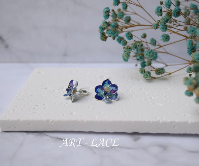 Orchid earring, Teal-Blue Orchid stud earring, Peach Orchid stud tiny, handmade earrings, hand-painted Hawaiian studs, Flower girl earrings image 4