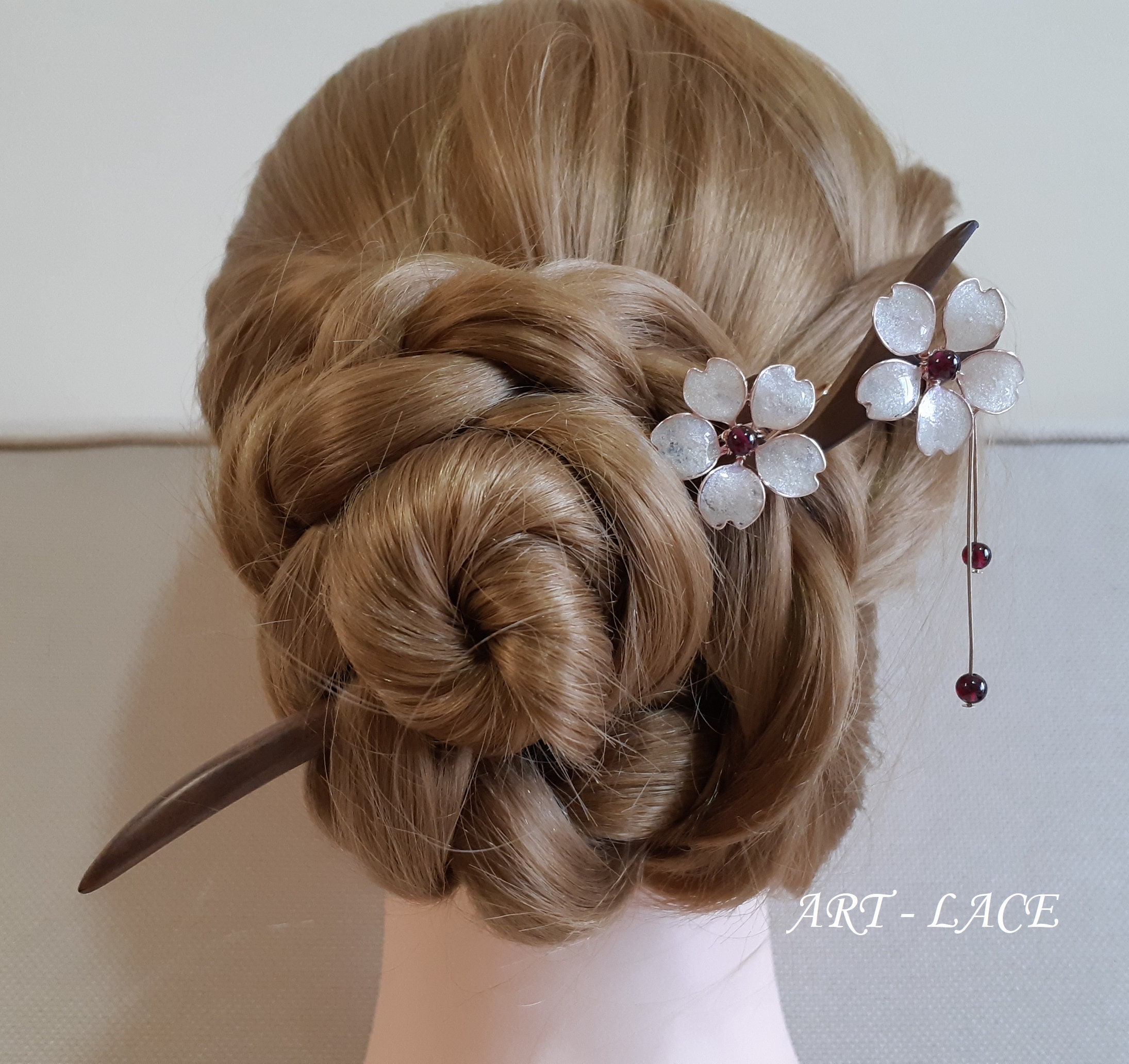 Cherry Blossom Hair Stick, Wooden, Dangling Genuine Garnet, Sakura