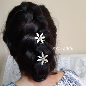 Jasmine flower hair pin spiral swirls twists, Bridal flower hair clip gold white, Bridesmaid hair flowers Flower girl hair clips art deco image 10