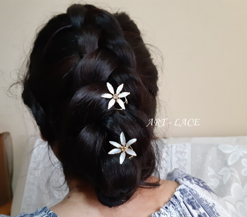 Jasmine flower hair pin spiral swirls twists, Bridal flower hair clip gold white, Bridesmaid hair flowers Flower girl hair clips art deco image 10