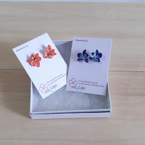 Orchid earring, Teal-Blue Orchid stud earring, Peach Orchid stud tiny, handmade unique, hand-painted Hawaiian stud Autumn gift for women