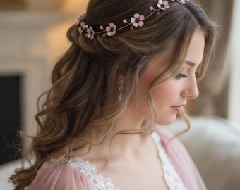 Guirnalda de cabello Sakura Rose Gold, guirnalda de cabello de boda con flores de cerezo, envoltura de cabello de flores rosas, guirnalda de cabello nupcial, boda Sakura, japonesa