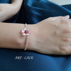 Rose gold Sakura bracelet, gift for women, Japanese cherry blossom crystal chain bracelet, pink bracelet, handmade jewellery image 8