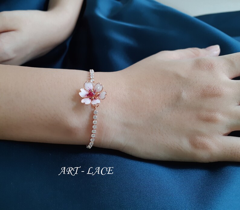 Rose gold Sakura bracelet, gift for women, Japanese cherry blossom crystal chain bracelet, pink bracelet, handmade jewellery image 8